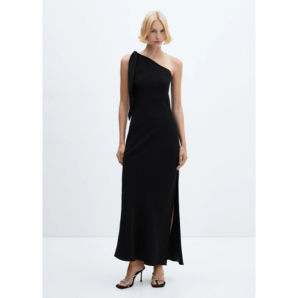 MANGO BLACK ASYMMETRIC BOW MAXI DRESS WITH SLIT XS NEW $129.99 #758